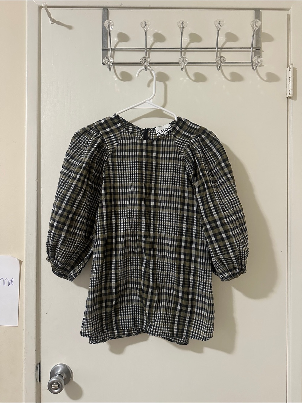 Ganni Olive & Black Plaid Puff-Sleeve Blouse